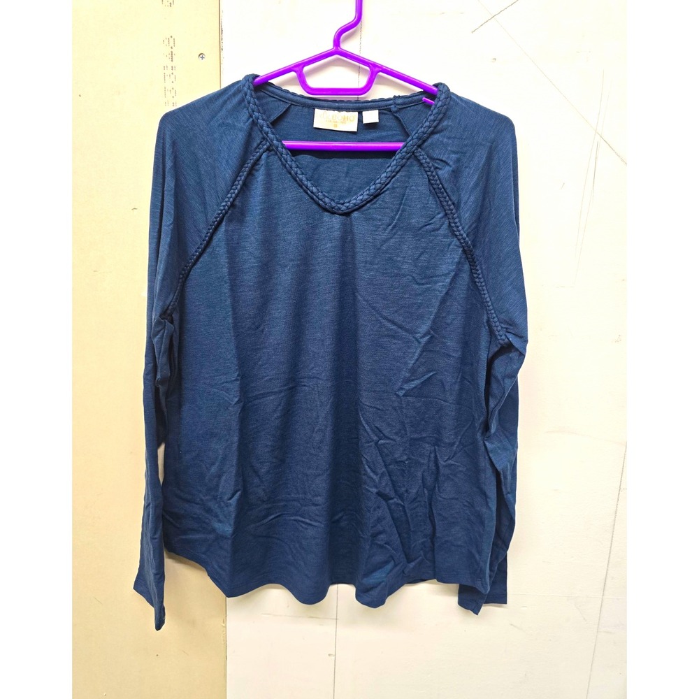 Belle Boho by Kim Gravel Womens Blue Knit Braided V-Neck Long Sleeve Blouse M